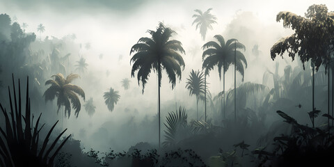 Morning in the jungle, Jungle in the fog, Panorama of the rainforest, palm trees in the fog, jungle in the haze