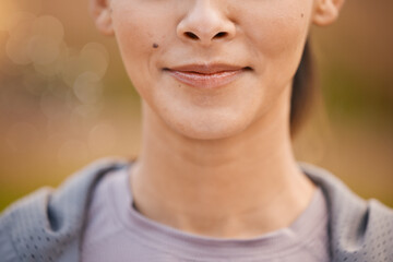 Smile, outdoor and mouth of woman in park for relaxing on weekend, holiday and vacation in park....
