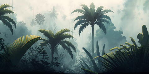 Morning in the jungle, Jungle in the fog, Panorama of the rainforest, palm trees in the fog, jungle in the haze