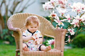 Cute little baby girl sitting on big chair in garden. Beautiful happy smiling toddler with blooming pink magnolia tree on background. Healthy child enjoying spring season. © Irina Schmidt