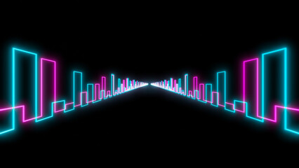 abstract modern background. glowing neon light curved lines on a black background. 3d render illustration