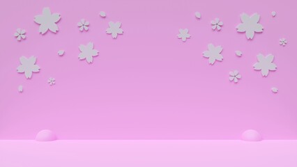 Fototapeta na wymiar 壁に白い桜の花模様のあるピンク色の3D背景素材