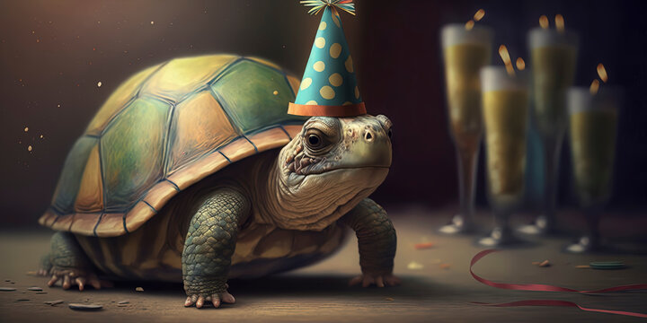 Portrait Of A Turtle At His Birthday Party With Party Hat And Has A Wild Cake With Candles, Wearing A Party Hat, Balloons And Confetti.