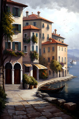 Fototapeta na wymiar Houses on the shore of the lake, an ancient tower in Malcesine old town landscape wallpaper 