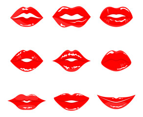 Set of different lips. Plump gloss red woman's lips