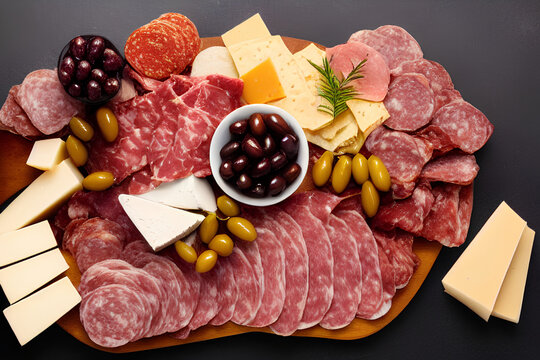 A tray of gourmet assortment of Italian sliced meat, olives and cheese. Top view, flat lay. Generative Artificial Intelligence.