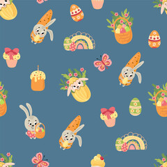 Easter seamless pattern. Rabbits, eggs, flowers. Design for fabric, textile, wallpaper, packaging.