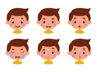 Cute cartoon little kid boy in various expressions and gesture. Cartoon child character showing different emotions. Vector illustration
