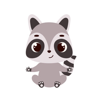 Cute little sitting raccoon. Cartoon animal character for kids cards, baby shower, invitation, poster, t-shirt composition, house interior. Vector stock illustration