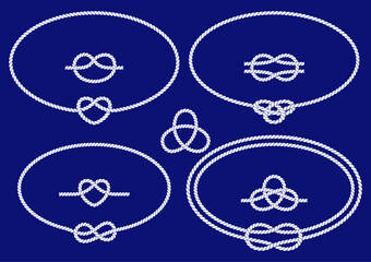 Nautical rope knots, frames and border set. Seamless decorative marine rope