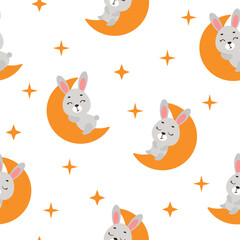 Cute little hare sleeping on moon seamless childish pattern. Funny cartoon animal character for fabric, wrapping, textile, wallpaper, apparel. Vector illustration
