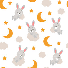 Cute little hare sleeping on cloud seamless childish pattern. Funny cartoon animal character for fabric, wrapping, textile, wallpaper, apparel. Vector illustration