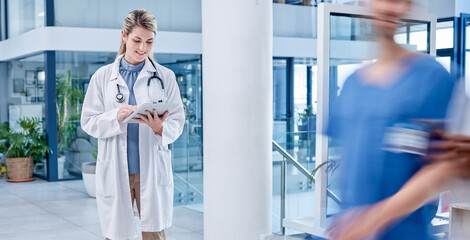 Doctor, woman and tablet in hospital with motion blur, analytics and smile for results after...
