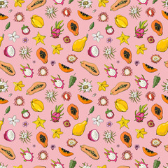 Seamless pattern with exotic fruits. Design for fabric, textile, wallpaper, packaging.	