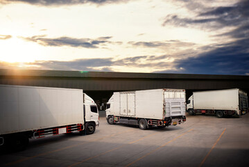 Cargo Container Trucks on The Parking Lot at Distribution Warehouse. Lifting Ramp Trucks....