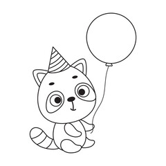Coloring page cute little raccoon in birthday hat hold balloon. Coloring book for kids. Educational activity for preschool years kids and toddlers with cute animal. Vector stock illustration