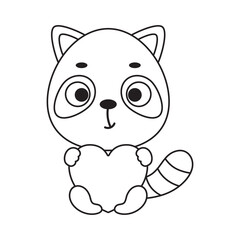 Fototapeta premium Coloring page cute little raccoon holds heart. Coloring book for kids. Educational activity for preschool years kids and toddlers with cute animal. Vector stock illustration