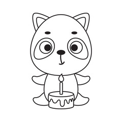 Coloring page cute little raccoon with birthday cake. Coloring book for kids. Educational activity for preschool years kids and toddlers with cute animal. Vector stock illustration