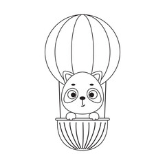 Coloring page cute little raccoon flying on hot air balloon. Coloring book for kids. Educational activity for