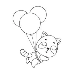 Coloring page cute little raccoon flying on balloons. Coloring book for kids. Educational activity for preschool years kids and toddlers with cute animal. Vector stock illustration