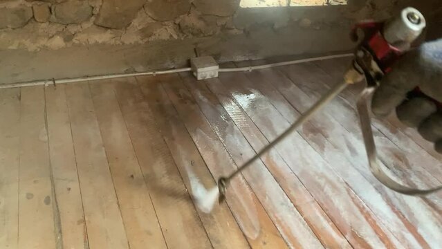 Spraying Woodworm Insecticide over all Wooden Surfaces Against Wood Boring Insect