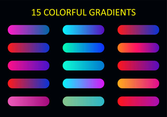Colorful gradient collection, vibrant gradient swatches set. Soft color gradients for graphic design and mobile apps. 15 gradient swatches