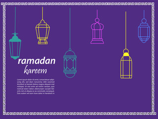 Ramadan Kareem Border, Islamic Art Style Background. Ramadan Mubarak symbols, Hanging Gold Lanterns, Arabic lamps, moon lanterns, stars, background
