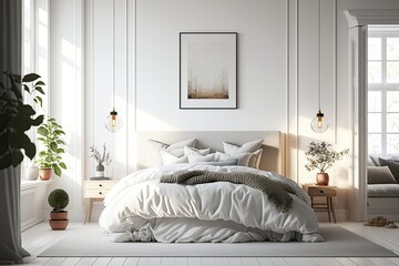 Clean White bedroom with natural light comfortable for sleep. Generative AI - obrazy, fototapety, plakaty
