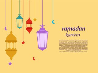 Ramadan Kareem Border, Islamic Art Style Background. Ramadan Mubarak symbols, Hanging Gold Lanterns, Arabic lamps, moon lanterns, stars, background