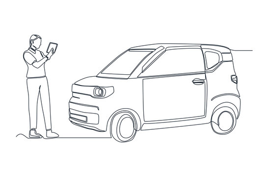 Single one line drawing mechanic in uniform making notes while examining car in auto service. Auto service concept. Continuous line draw design graphic vector illustration.