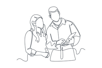 Single one line drawing Mechanic show the car checking list for customer. Auto service concept. Continuous line draw design graphic vector illustration. - obrazy, fototapety, plakaty