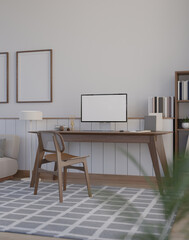 Cozy minimal Scandinavian home living room with workspace, computer mockup on table