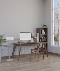 Side view of minimal Scandinavian home workspace interior design with computer mockup