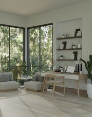 Fototapeta na wymiar Contemporary home living room with workspace interior design with large window.