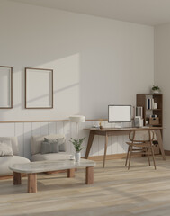 Cozy minimal Scandinavian home living room with workspace, coffee table, sofa, frame on wall