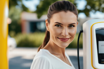A young woman stands at an electric car charging station and smiles. Photorealistic drawing generated by AI.