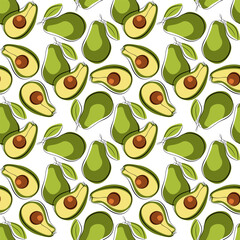 Vector background of avocado fruits outline and colored spots. Avocado or alligator pear mexican fruit background. Guacamole food ingredient.