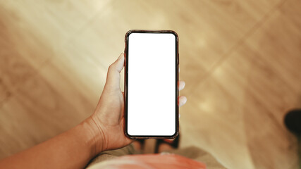 Women's hands holding cell telephone blank copy space screen. smartphone with blank white screen isolated on white background . smart phone with technology concept