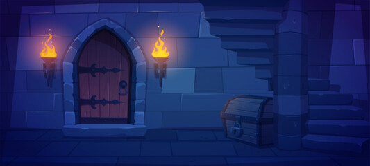 Underground dungeon with wooden door, torch fire and treasure chest. Vector cartoon illustration of medieval palace hallway, basement with stone stairs, prison cell entrance. Adventure game background