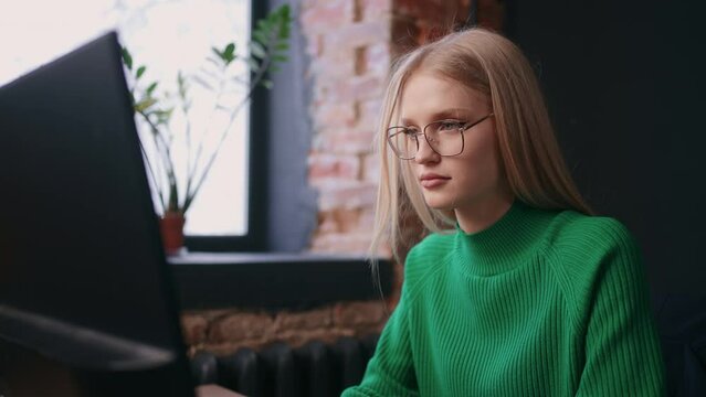 Portrait Of Beautiful Blonde Woman At Computer, Working In Modern Office, Female Programmer