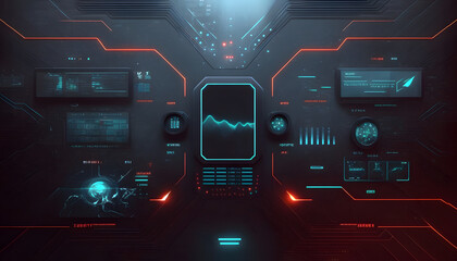 Glowing HUD Elements in a Technology Abstract Menu Frame, Embracing Artificial Intelligence and Virtual Graphic Touch User Interface for a Hi-Tech Design on the Dashboard Display