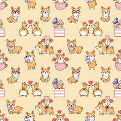 Cute corgi. Seamless pattern. Printing on fabric and wrapping paper. Wallpaper for nursery. Valentine's day.