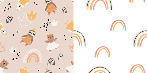 Seamless pattern with cute funny little ballerina bears, polar, grizzly, panda, sloth, koala. Vector kids illustration. Scandinavian style flat design. Cartoon children concept.