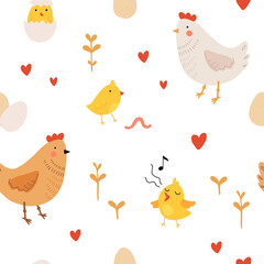 Seamless pattern with rooster, hen and chicks. Chicken with brood. Cute lovely family of domestic fowl or poultry birds. Childish flat cartoon vector illustration.