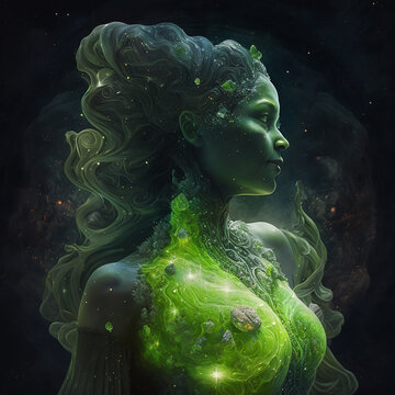 Generative AI: Illustration of a Green goddess floating in space, the galaxy contained within her bosom.  