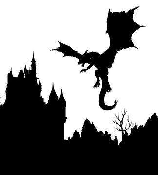 recommend clip art: silhouette castle flying dragon