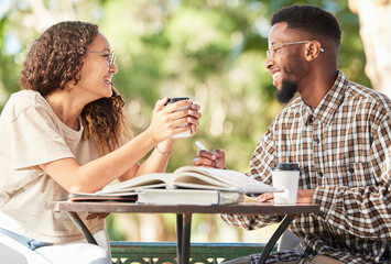 Black couple, coffee and happy outdoor on a date while studying, talking and bonding at table. Man...