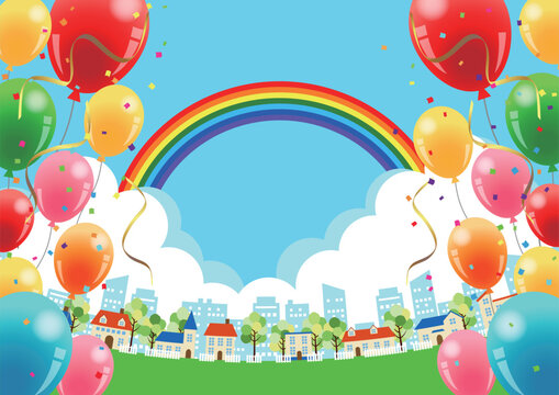 虹と風船の初夏の賑やか街並み背景ヨコ