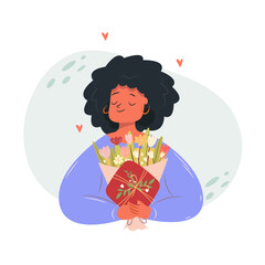 Vector happy woman holds flowers and a large gift box with a bow in his hands vector flat illustration