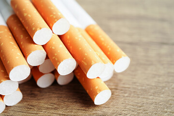 Cigarette, roll tobacco in paper with filter tube, No smoking concept.